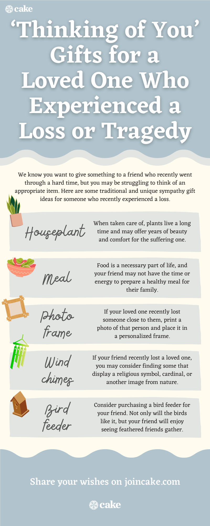 Infographic with a list of gifts for someone who experienced a loss or tragedy