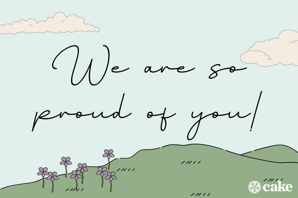 "We are so proud of you" message on a background of cartoon clouds