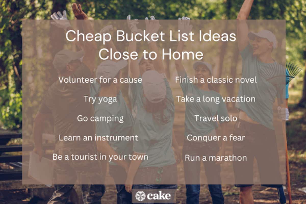Image with cheap bucket list ideas close to home