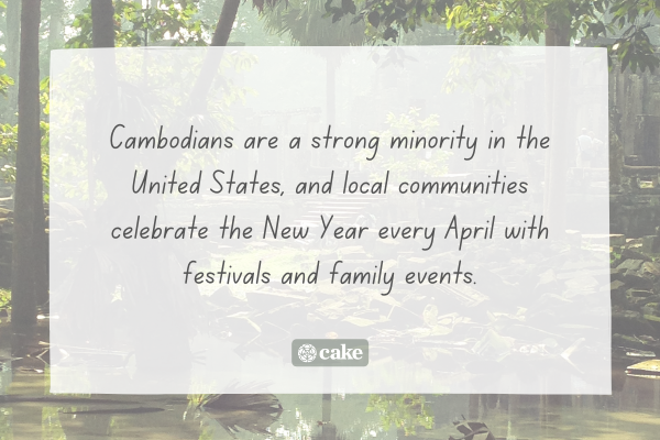 Text about Cambodian New Year over an image of Cambodia
