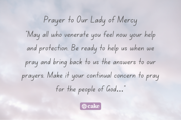 Excerpt from the "Prayer to Our Lady of Mercy" over an image of the sky and clouds