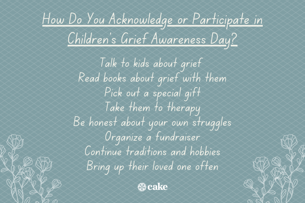 List of how to participate in Children's Grief Awareness Day with images of flowers