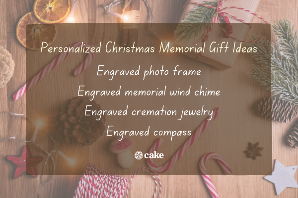 List of personalized Christmas memorial gift ideas over an image of holiday decorations