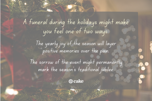 Text about having a funeral during the holidays over an image of holiday decorations