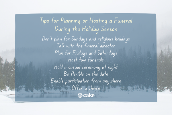 List of tips for planning a funeral during the holiday season over an image of trees and snow