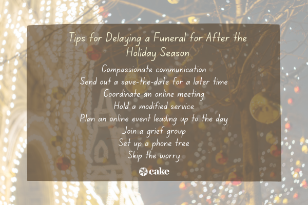 List of tips for delaying a funeral for after the holiday season over an image of holiday lights