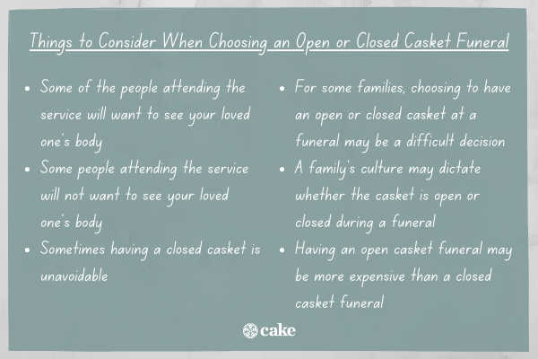 List of things to considering when choosing an open or closed casket funeral