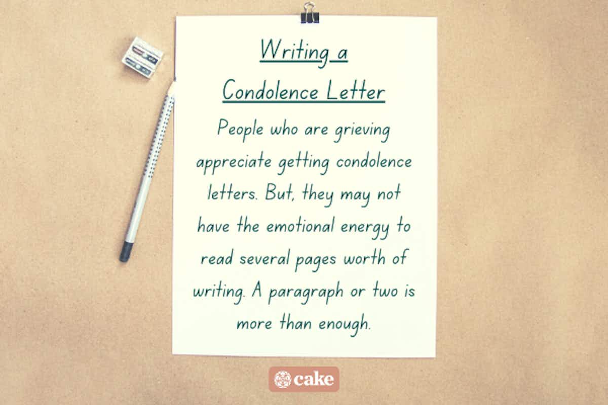 Tip for writing a condolence letter with an image of a sheet of paper and writing utensils