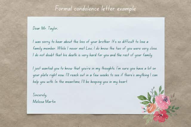 Example of a formal condolence letter with an image of a sheet of paper and flowers and leaves
