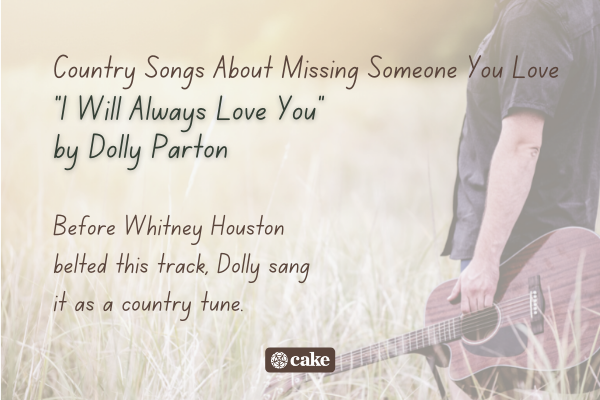 Example of a country song about missing someone you love over an image of a person holding a guitar