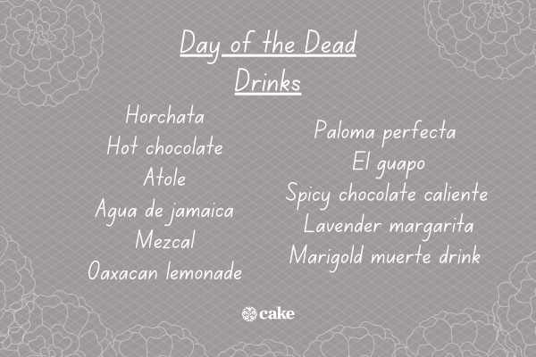A list of Day of the Dead drinks with images of flowers