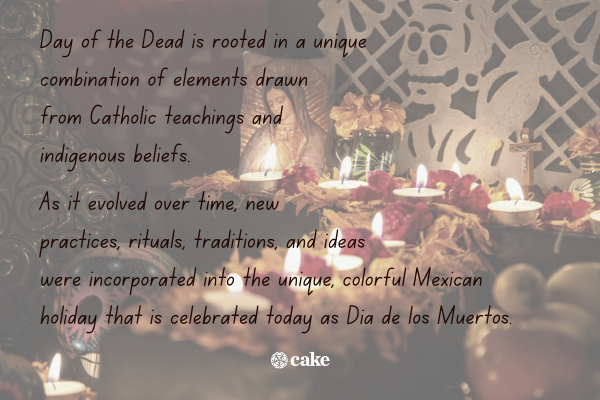 Text about Day of the Dead with an image of an altar in the background