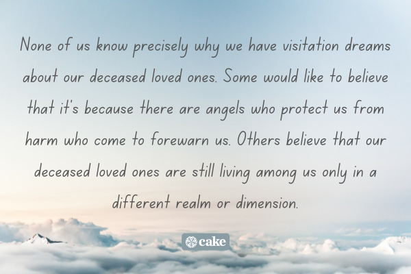 Text about why we have visitation dreams over an image of the sky and clouds