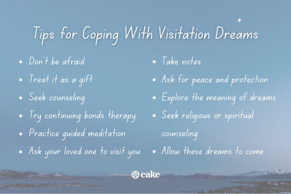 List of tips for coping with visitation dreams over an image of the sky