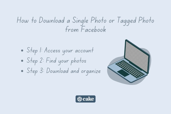 Steps on how to download a single photo from Facebook with an image of a laptop