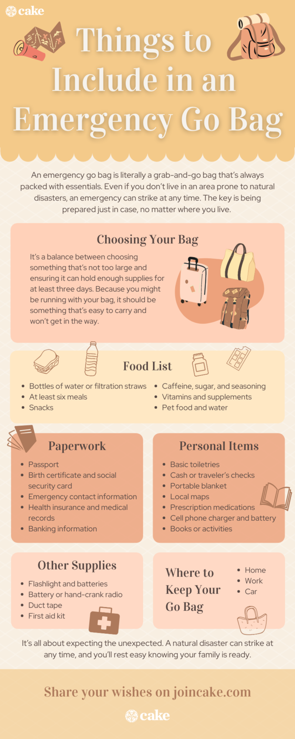 infographic of things to include in an emergency go bag