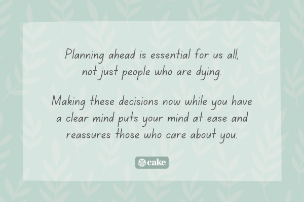 Text about end-of-life planning over a leaf pattern in the background