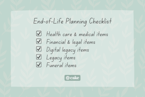 A list of end-of-life planning topics over a leaf pattern in the background
