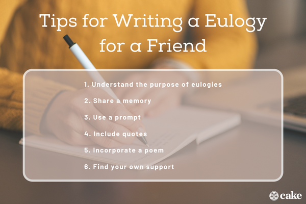 Image with tips for writing a eulogy for a friend