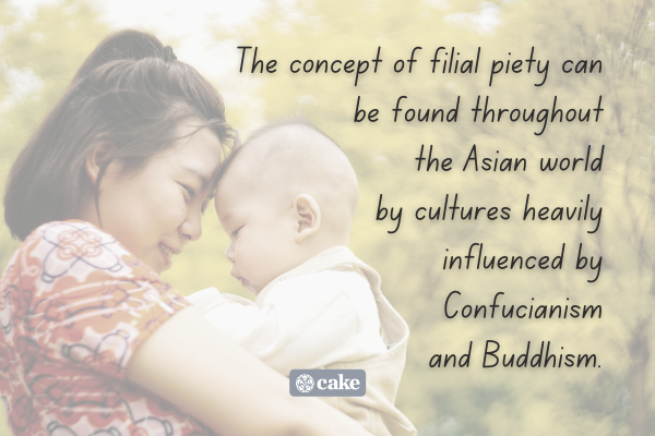Text about filial piety over an image of an adult carrying a baby