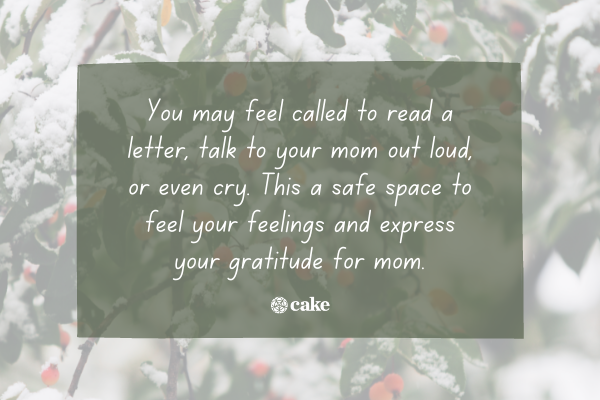 Text about creating an altar to grieve your mother over an image of snow on branches