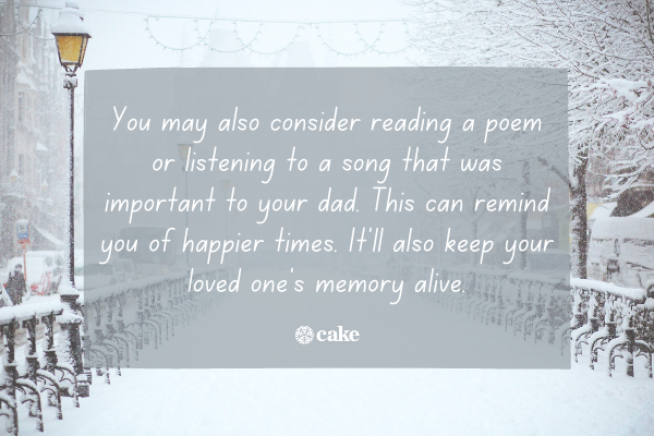 Text about reading a poem to remember your dad over an image of a winter street