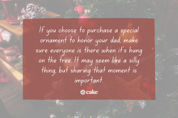 Text about creating a commemorative Christmas tree ornament over an image of holiday decorations