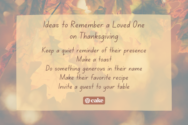 List of way to remember a loved one on Thanksgiving over an image of autumn leaves