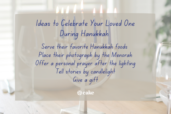List of ways to celebrate your loved one during Hanukkah over an image of a menorah and wine glasses
