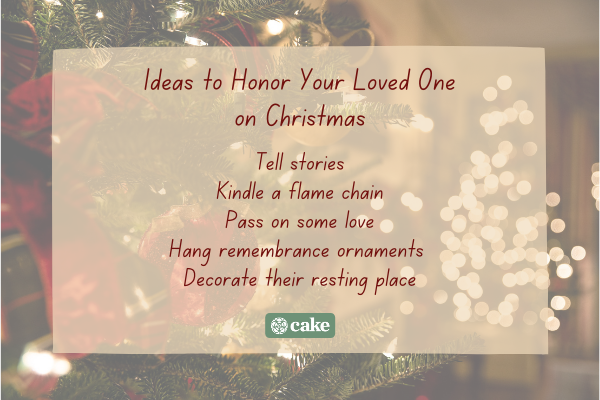 List of ways to honor your loved one on Christmas over an image of a Christmas tree and lights