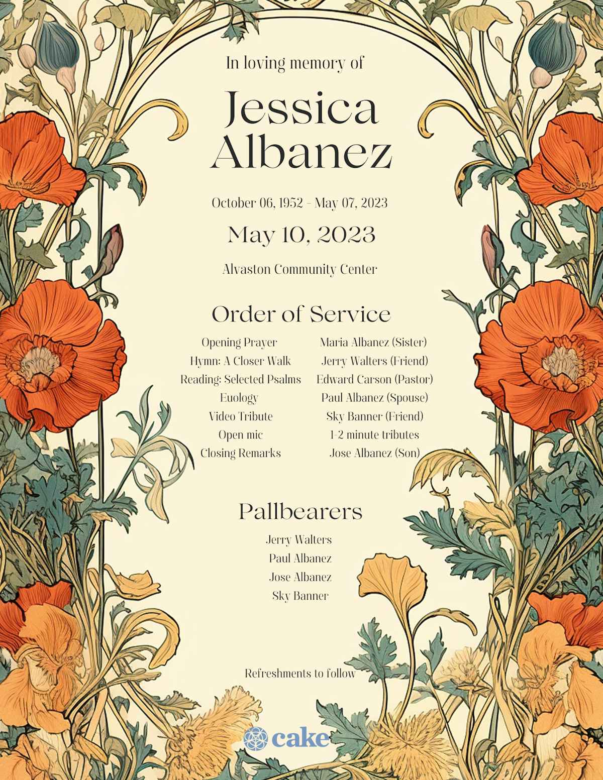 Example floral funeral program