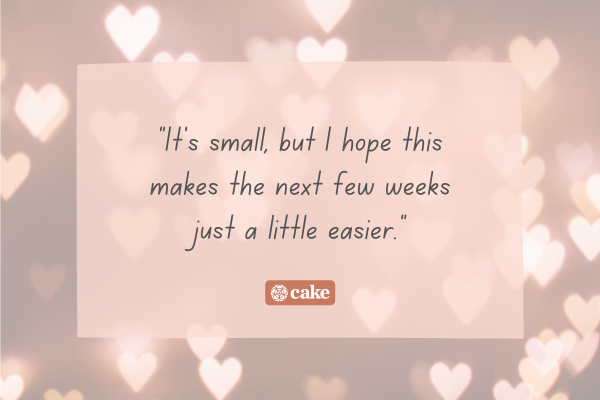 Example of a sympathy gift card message over an image of hearts