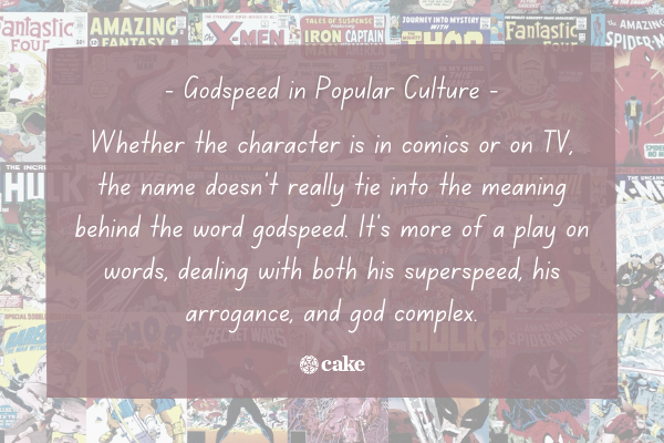 Text about Godspeed in popular culture over an image of comic books