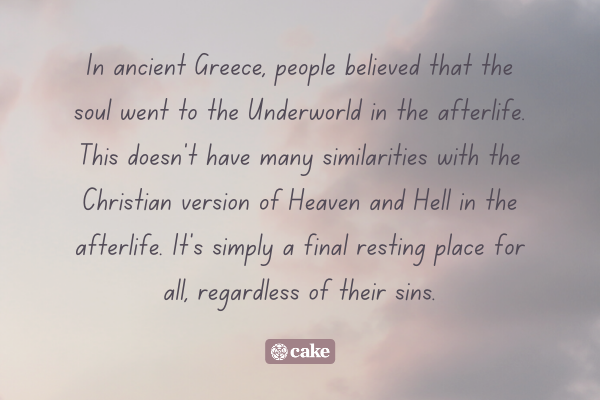 Text about ancient Greece and the afterlife over an image of the sky and clouds
