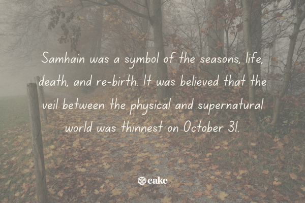 Text about Samhain with an image of trees and leaves in the background