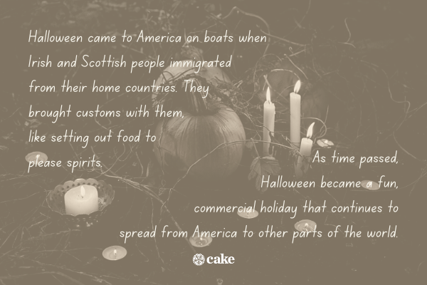 Text about Halloween with an image of a pumpkin and candles in the background