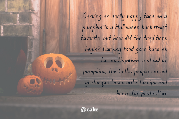 Text about carving pumpkins on Halloween with an image of pumpkins in the background