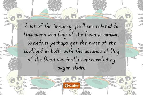 Text about Halloween and Day of the Dead with images of skulls, flowers, hats, and leaves in the background
