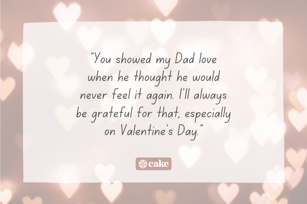 Example of a message for a stepmom to say "Happy Valentine's Day in Heaven, Mom" over an image of hearts