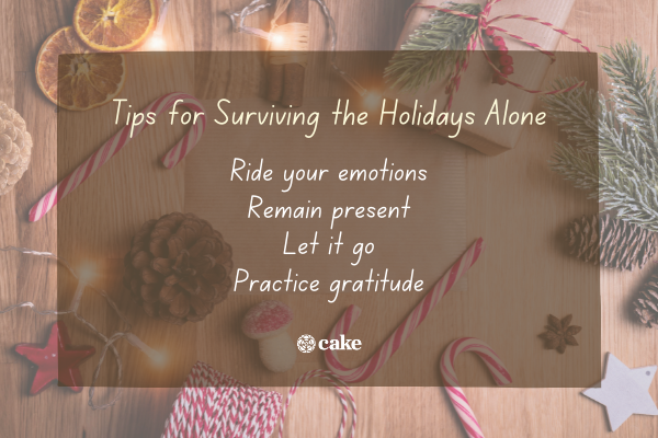 List of tips for surviving the holidays alone over an image of holiday decorations