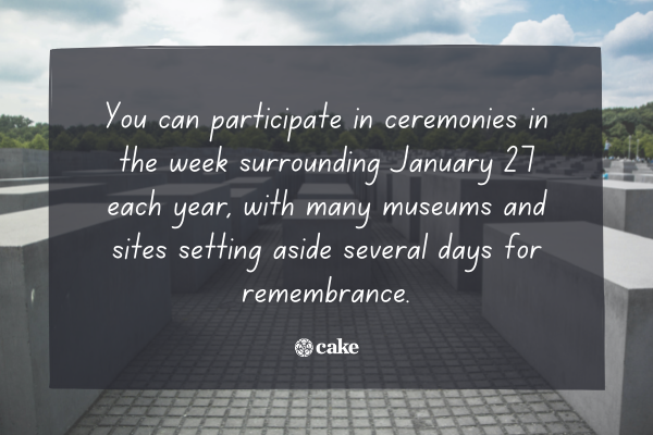 Text about how to participate in Holocaust Remembrance Day over an image of a Holocaust memorial