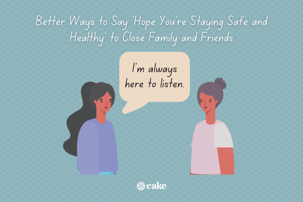 Example of a way to say "hope you're staying safe and healthy" with an image of two people talking