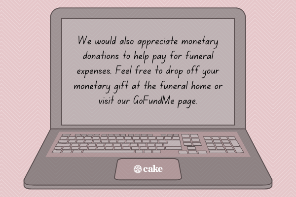 Excerpt from an example email to raise funds for a funeral with an image of a laptop