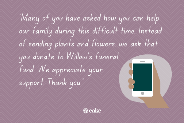 Excerpt from an example social media post to ask for funeral donations with an image of a hand holding a phone