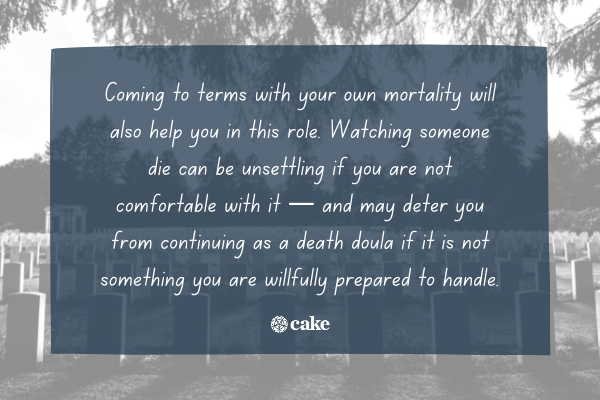Text about what to consider before becoming a death doula over an image of a cemetery