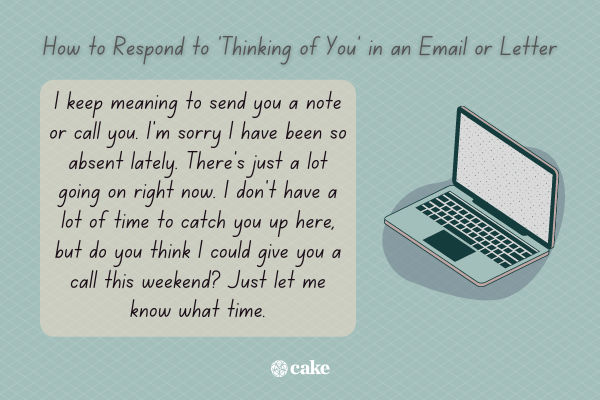 Example of how to respond to 'thinking of you' in an email or letter with an image of a laptop
