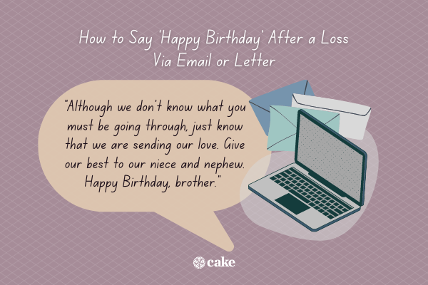 Example of how to say "happy birthday" after a loss via email or letter with images of a laptop and envelopes