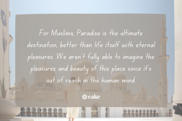 Text about what paradise means for Muslims over an image of a person and a mosque