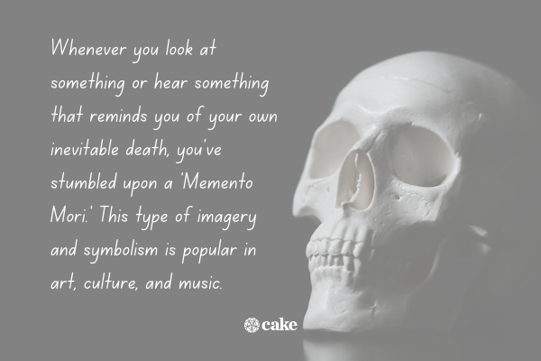 Text about what memento mori means with an image of a skull