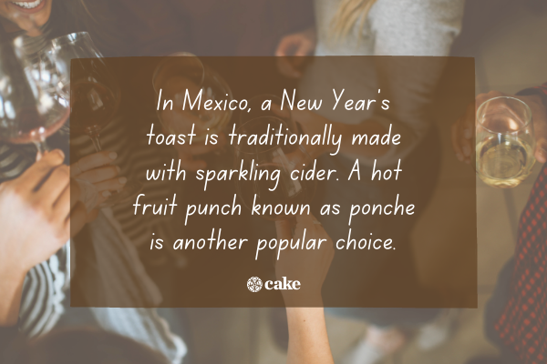 Text about making a toast at new years over an image of a group of people drinking